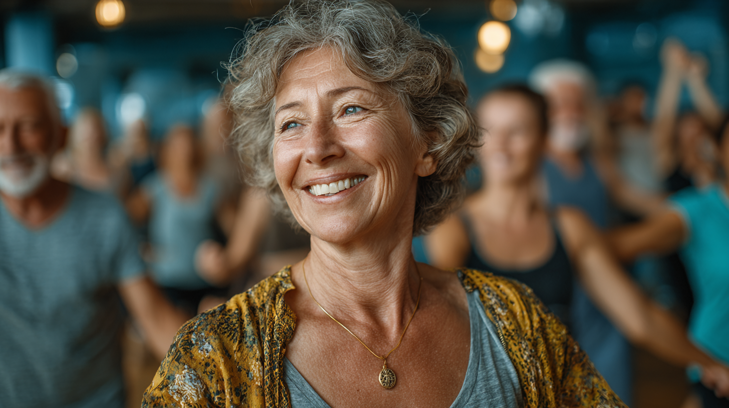 Старші люди займаються спортом в групі