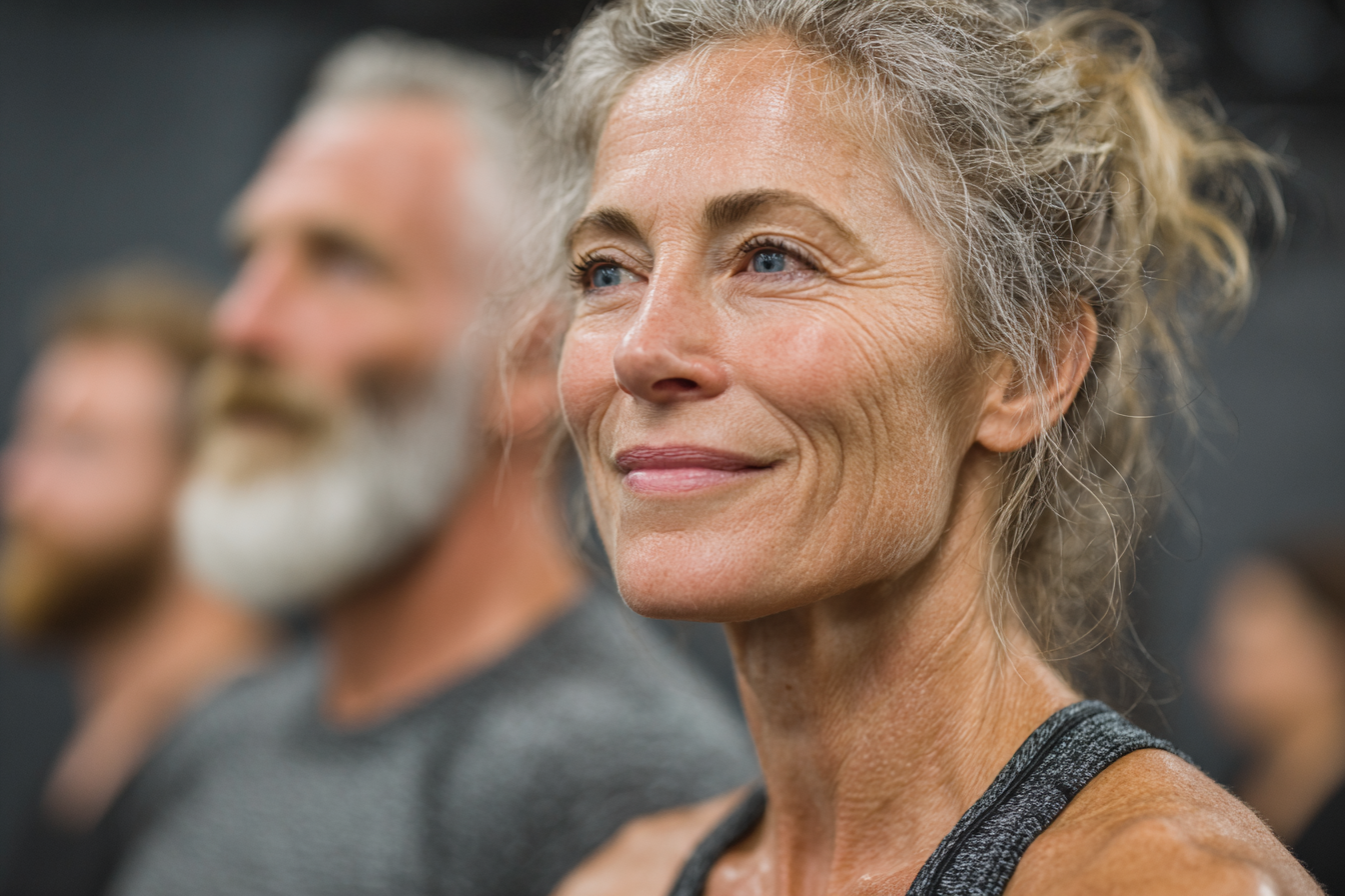 Група людей старшого віку займається фітнесом разом з молодшими членами родини